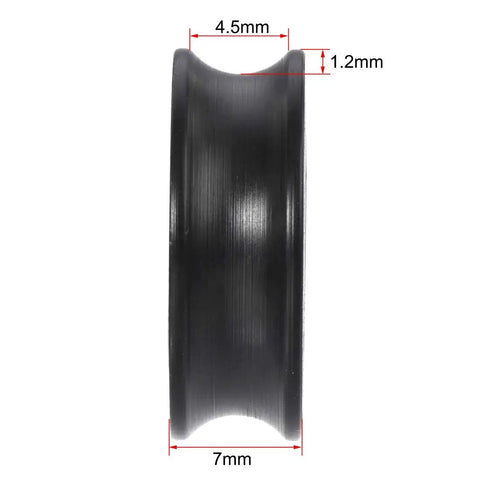 Badass U Groove Ball Bearing 5mm Double Shielded Chromium Steel V Track Roller, 4.5mm width, 7mm diameter, side view.