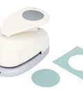 1.5 Inch Circle Lever Action Craft Punch for Paper Crafting Scrapbooking Cards, shown with cut circle and paper example
