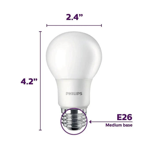 A19 LED Non Dimmable Frosted Light Bulbs 800 Lumens 5000 Kelvin Daylight 8 Watt 60 Watt E26 Base dimensions shown