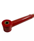 Red Adjustable Rear Panhard Track Bar For Ford Mustang 2 Door 2005 To 2014 Beef Up Rear Stability Cut Side To Side Wiggle And Tighten Up Street Drag And Track Handling. Red steel adjustable rear Panhard bar close-up
