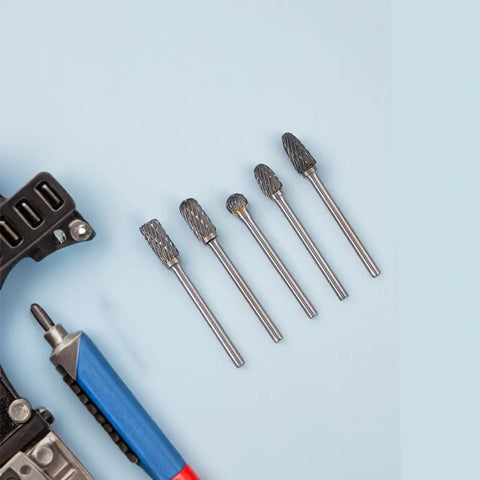 Five-piece display from 10-Piece Tungsten Carbide Rotary Burr Set With Blue Case For Metal Deburring And Wood Carving High-Precision Grinding
