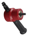 Aramox Double Head Sheet Metal Nibbler Cutter Drill Attachment For Straight Curves And Circles 360 Degree Rotating Steel Chopper Tool With Red Finish, close-up view.