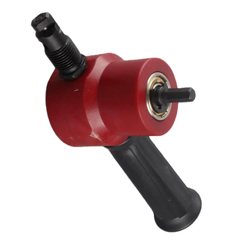 Aramox Double Head Sheet Metal Nibbler Cutter Drill Attachment For Straight Curves And Circles 360 Degree Rotating Steel Chopper Tool With Red Finish, close-up view.