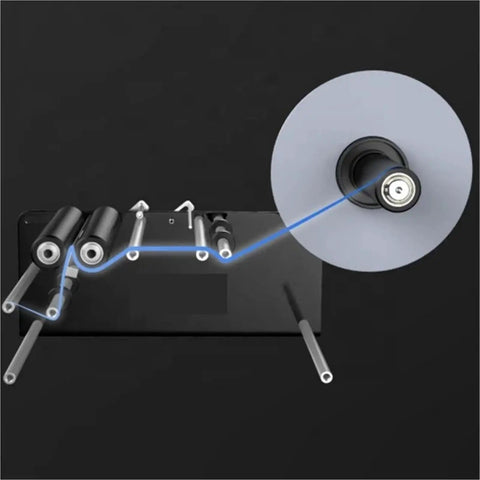 Cool Handheld Semi-Automatic Label Printer For Round Bottles And Jars Easy Manual Tape Dispenser Machine close-up of rollers and dispenser.