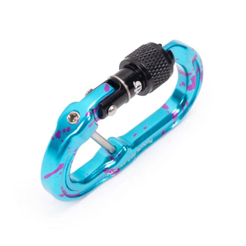 Heavy Duty Micro Carabiner With Keylock Screwlock And Captive Eye For Hella Secure Accessory Attachment Smooth Operator Aluminum Clip side view with colorful design.