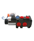 JAHEZYAN hydraulic solenoid diverter valve, DC12V coil, black body with red port caps and transparent coil housing