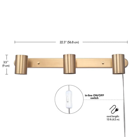 Three Light Plug-In Track Lighting In Matte Brass With Adjustable Heads, 15-Foot Cord, Pivoting Heads, Ceiling Or Wall Mount
