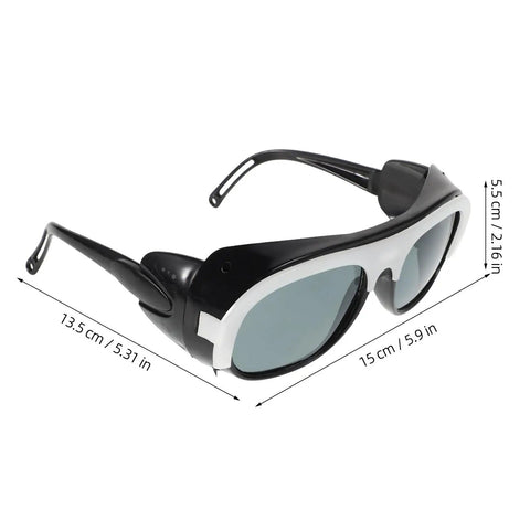 Heavy Duty Welding Safety Glasses With 10 Spare Lenses, black and white frame, dimensions 15cm x 5.5cm, designed for spark protection.