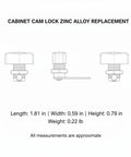 Technical drawing of Zinc Alloy Cam Lock For Cabinet Doors And Drawers, Durable Silver Replacement Hardware, dimensions listed