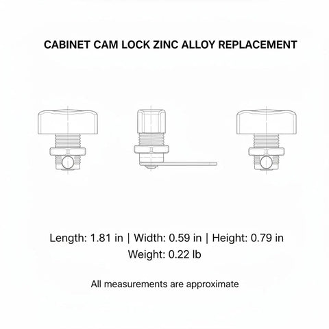 Technical drawing of Zinc Alloy Cam Lock For Cabinet Doors And Drawers, Durable Silver Replacement Hardware, dimensions listed