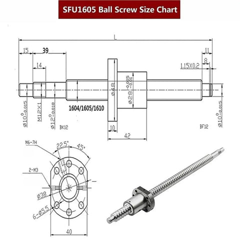 SFU1605 Ball Screw Size Chart with dimensions and precision design for CNC tools and machining applications.