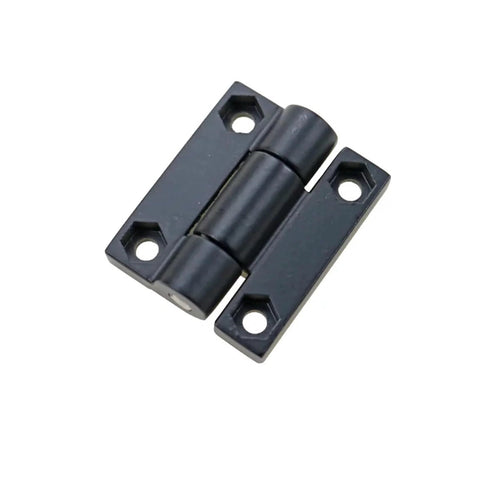 Front view of square torque-damping hinge, zinc alloy, black finish with mounting holes