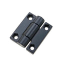 Front view of zinc alloy square torque-damping hinge in black finish with four screw holes