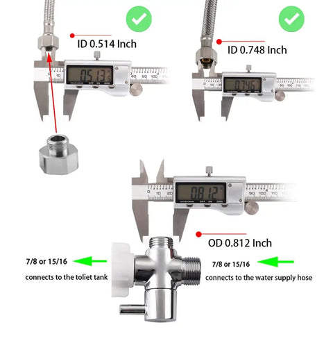 Solid Brass Bidet T Adapter With Shut Off Valve Chrome Plated Tee Connector For Toilet 7/8 Inch By 7/8 Inch By 1/2 Inch Or 3/8 Inch One Lever Twist Control No Fuss Quick Install, measured fittings