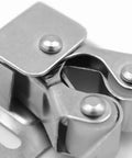 Close-up of a stainless steel spring loaded roller catch latch set, part of the No Screw Install Needed For This Cool Spring Loaded Roller Catch Latch Set Perfectly Fits Cabinet Cupboards Boat RV Doors With Tight Nylon Roller Action That Keeps Inner Door Secure When You Just Slam It Closed No Tools Required.