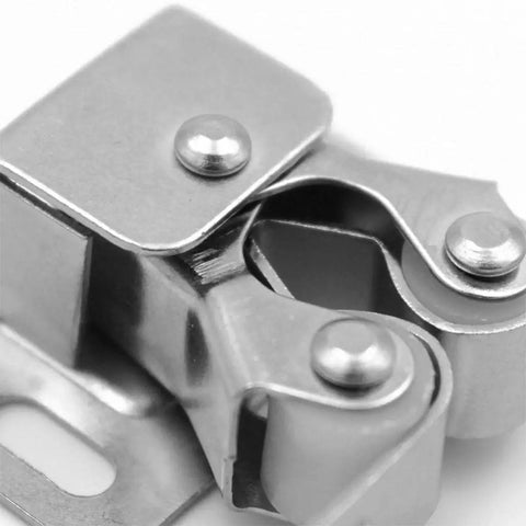 Close-up of a stainless steel spring loaded roller catch latch set, part of the No Screw Install Needed For This Cool Spring Loaded Roller Catch Latch Set Perfectly Fits Cabinet Cupboards Boat RV Doors With Tight Nylon Roller Action That Keeps Inner Door Secure When You Just Slam It Closed No Tools Required.