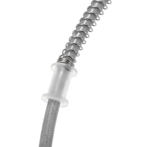 Close-up of Braided Hydraulic Brake Hose Universal 47.2 Inch 120 cm with metal spring detail for Motorcycle ATV Dirt Bike Go Kart.