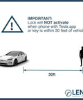 Warning graphic showing Tesla car and 30ft distance for Trail Tested J1772 To Tesla Charging Adapter Lock, Heavy Duty Weatherproof Security Ring.