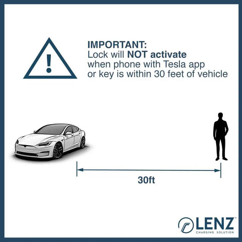 Warning graphic showing Tesla car and 30ft distance for Trail Tested J1772 To Tesla Charging Adapter Lock, Heavy Duty Weatherproof Security Ring.