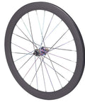 Beefy 50mm Carbon Fiber Road Wheelset With Center Lock Disc Brakes, front view, 24 spoke design, 700C clincher or tubeless ready.
