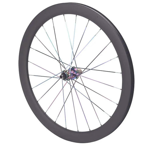 Beefy 50mm Carbon Fiber Road Wheelset With Center Lock Disc Brakes, front view, 24 spoke design, 700C clincher or tubeless ready.