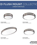 Four LED flush mount ceiling lights in urban bronze finish from the Progress Lighting collection, shown at different angles with dimensions.