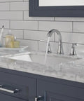 Geist Chrome 8 Inch Widespread Bathroom Sink Faucet For 3 Hole Vanities Push Pop Drain Easy Install Wrench Free Premium Brass Construction on marble vanity, side view.