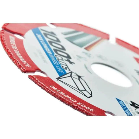 Close-up of MetalMax 4 1/2 Inch Segmented Rim Diamond Cutting Wheel For Metal 7/8 Inch Arbor 13,200 Max RPM for angle grinder.