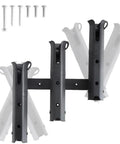Three Tube Adjustable Fishing Rod Holder For Boats And Kayaks With Removable Pole Inserter And Self Adhesive Mount Grab And Go No Drill Install Marine Grade Nylon Construction And Stainless Steel Screws Black, showing three adjustable tubes and accompanying screws