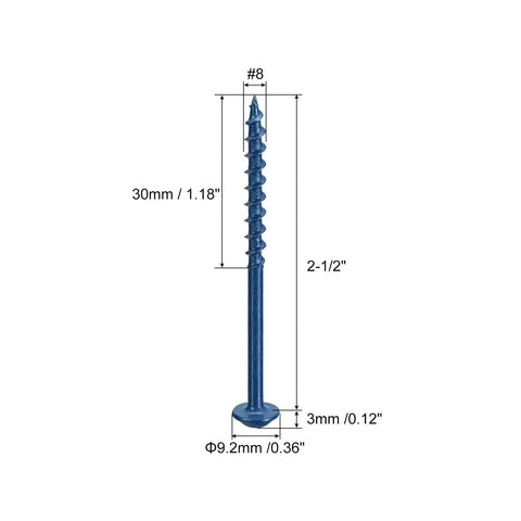 Close-up of Pocket Hole Screws Size 8 Two and a Half Inch Square Drive Self Tapping Wood Screws Blue Coated for Woodworking Projects DIY Friendly Carbon Steel 250 Pack with measurements shown