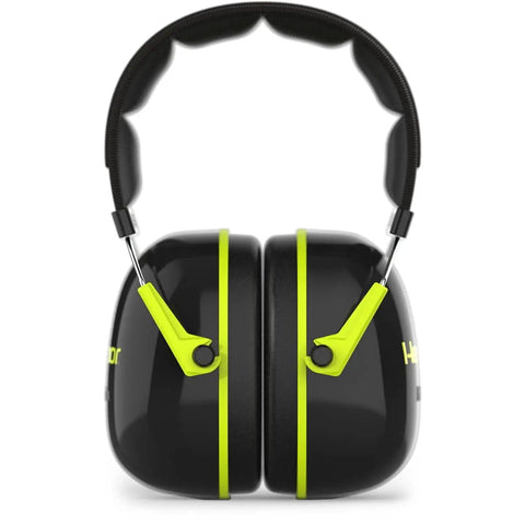 Adjustable Over-The-Head Hearing Protection Earmuffs With 26 dB NRR for loud job site work, featuring padded headband, front view.