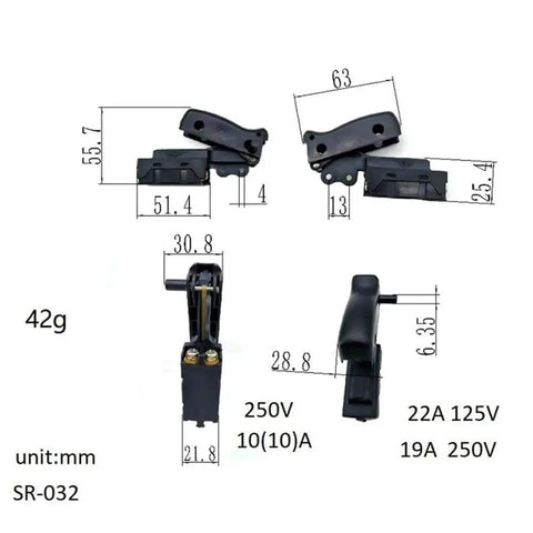 Heavy Duty Push Button Trigger Switch For Angle Grinders And Polishers AC250V 10A High Current Replacement Part SR032 with dimensions