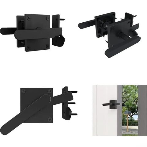 Heavy Duty Dual Handle Gate Latch, Post Mount Automatic Lever Fence Lock, black aluminum latch with lever mechanism for easy operation.