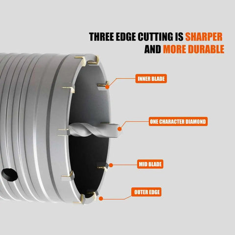 Rock Solid Concrete Hole Saw Kit 11 Piece Set featuring SDS Plus shank and tungsten carbide tips showing inner blade and cutting edges.