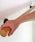 Rock Solid Wood Handrail With Heavy Duty Mount Brackets, adjustable non slip safety grab bar, close up of hand gripping the wood rail.