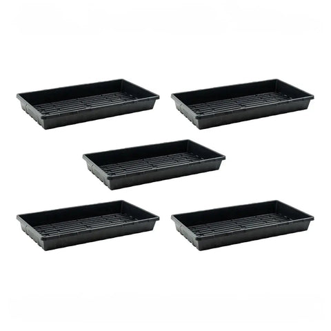 Five Extra Tough No Holes Seed Starting Trays 5 Pack Built To Last Durable BPA Free Plastic Nursery Flats displayed