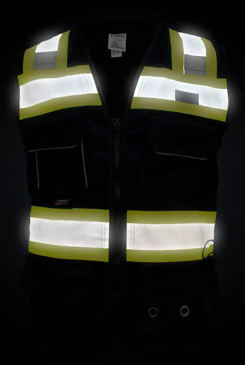 Pro Level Ansi Class One Safety Vest For Surveyors In Matte Black With High Vis Reflective Trim, front view, medium size, breathable mesh back.