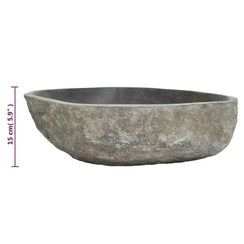 HKPWRBFG River Stone Sink Oval Wash Basin Bathroom Countertop Vessel, side view showing natural stone texture and depth.