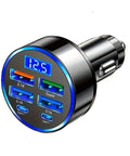 Final Boss Fast Car Charger With 120 Watt Raw Power And Six Lightning Quick Ports serving as a USB C adapter with LED voltage display.