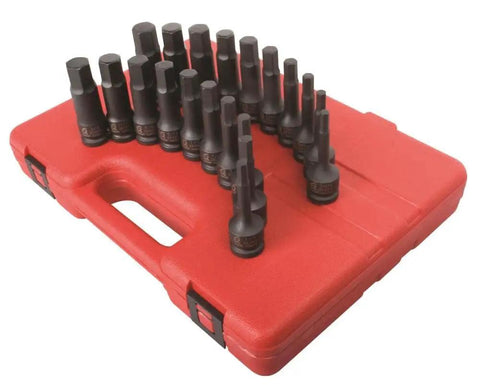 Beefy Half Inch Drive Impact Hex Driver Set, 20 Piece SAE And Metric, One Quarter To Three Quarters Inch (6mm To 19mm), Cr Mo Steel shown on a red heavy-duty storage case.