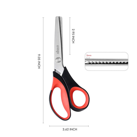 Heavy Duty Pinking Shears 9 Inch 5mm Zigzag Edge For Sewing Quilting Dressmaking And Craft Projects Sharp Stainless Steel Blades For Precise Decorative Cutting, red black handles