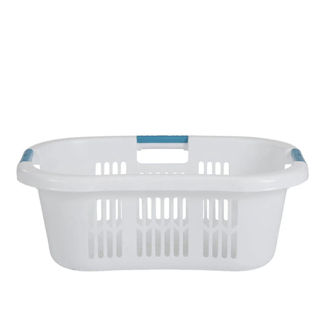 XL Hip Hugger Laundry Basket 2.1 Bushel White With Royal Blue Handles For Easy One Hand Carry Laundry Storage In Bathroom Bedroom Or Closet Durable Snag Resistant Design Keeps Delicate Clothes Safe