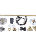 Beefed Up 740mm Go Kart Rear Live Axle Kit With Brake Assembly And T8F 58T Chain Sprocket, parts laid out, for 50-90cc quads