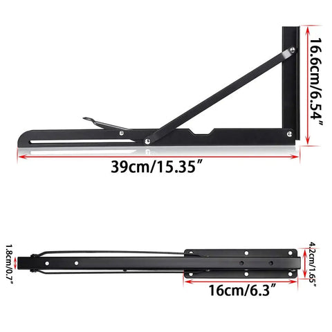Heavy Duty Folding Shelf Brackets Set Metal Triangle Wall Mounted 2 Pack 16 Inch Black Finish Supports Up To 132 Lb Each Foldaway Design