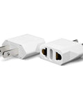 White EU to US Travel Plug Adapter 220V to 110V Converter Type A, 2 pack, shown with copper contacts, suitable for European to USA appliances.