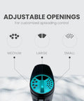 Handheld Snow Salt Ice Melt Spreader With Toggle Cap Sieve Options For Small Medium Large Openings shown with sieve diagram