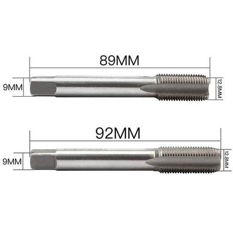 9/16-20 HSS Tap Set For Bicycle Crank Repair With Left And Right Threaded Taps, compact steel tool with dimensions on a white background