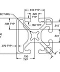 Kickass 1.5 Inch Tri Slotted Aluminum Extrusion Profile Featuring Three Smooth T Channels For Heavy Duty Linear Motion Rails And Custom Workshop Builds In 48 Inch Black Anodized Finish - technical drawing with dimensions.
