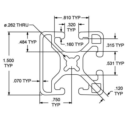 Kickass 1.5 Inch Tri Slotted Aluminum Extrusion Profile Featuring Three Smooth T Channels For Heavy Duty Linear Motion Rails And Custom Workshop Builds In 48 Inch Black Anodized Finish - technical drawing with dimensions.