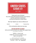 United States Stove Co warranty card with contact information for customer support and warranty registration instructions.